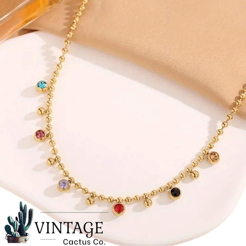 New! 18K Gold Beaded Necklace w/Multicolor Rhinestone Glass Pendants! - 16-18”